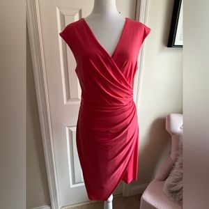 Coral pink ruched cap sleeve midi dress - Size 8